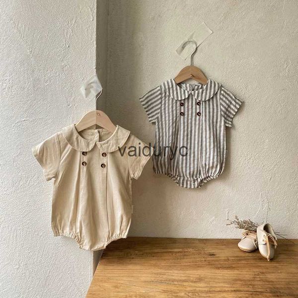 Rompers Summer Nuovo preppy preppy Bodysuits Shirt Collar Girls Boys Body Bodyfieble Linen One Piece Abbigliamento per bambini H240509