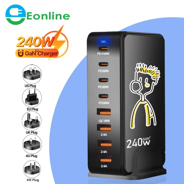 Chargers Eonline 3D 240W Gan 3 Pro Şarj Cihazı USBC Güç Adaptörü, 8port PD100W 65W 45W QC5 MacBook iPad iPhone Galaxy Mibook dizüstü bilgisayar