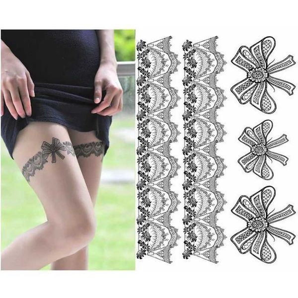 Tattoo Transfer wasserdichte temporäre Tattoo Aufkleber sexy Spitze Blumen Strumpf Tattoos Aufkleber Schwarz Henna Blitz gefälschte Tattoos für Mädchen Frauen 240427