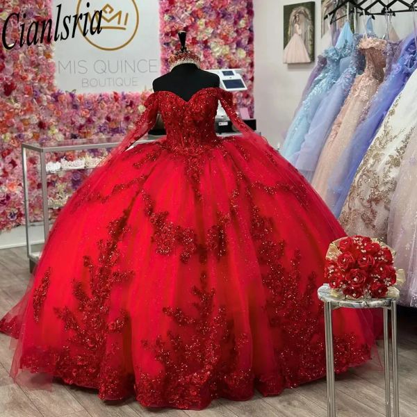 Rote 3D -Blumen Bänder Ballkleid Quinceanera kleiden sich von der Schulterpailletten Appalier Spitze Süßes Vestidos de 15 Anos