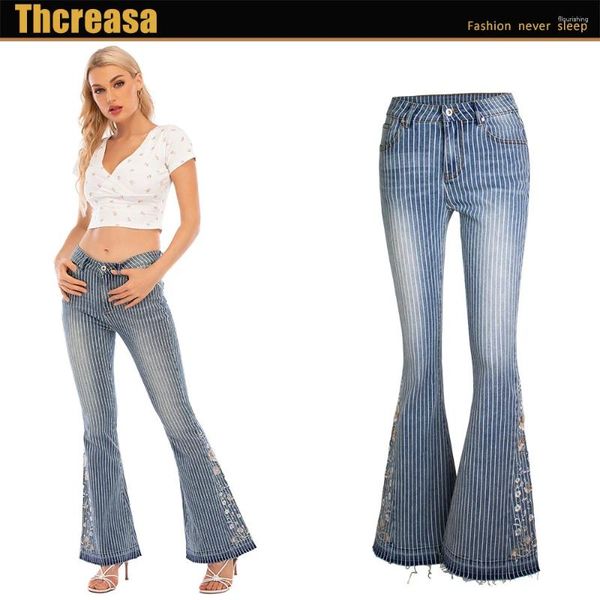 Jeans femminile svasati pesanti pantaloni ricamati in 3D tridimensionali a strisce