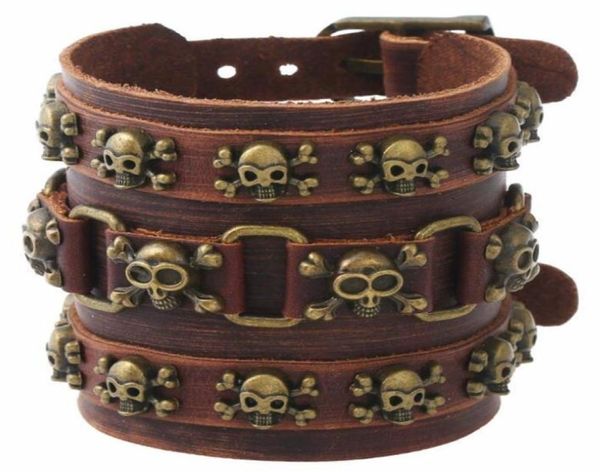 Gótico punk vintage hiphop crânio bracelete de rebite pirata marrom pirata squeleleton charme de couro largo pulseira de pulseiras acessórios Y3817684