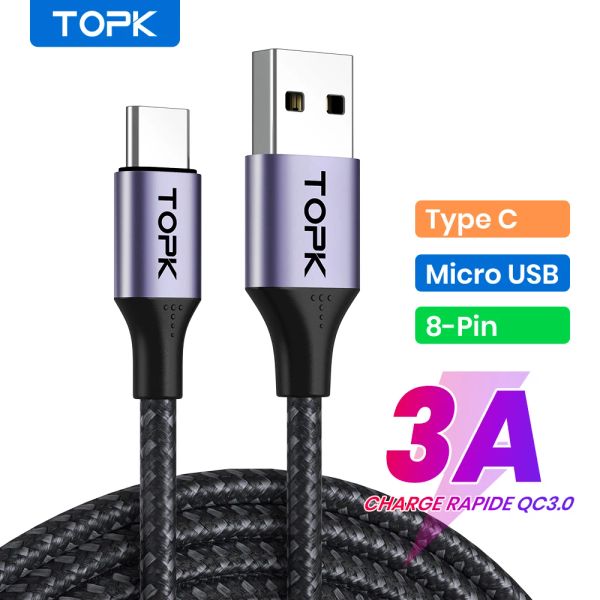 Acessórios Topk 3A Micro USB Tipo C Cabo iPhone de carregamento de carregamento de cabos de carga rápida cabos celular cabos para xiaomi Redmi nota 10 9