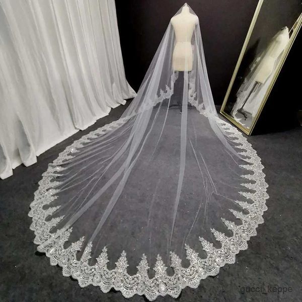 Hochzeitshaarschmuck ohne Kamm Hochzeit Schleier Full Edge mit Spitzenbling -Pailletten 4 m ein Tier Spitzenbrautschleier langer Schleier für Braut Hochzeitszubehör