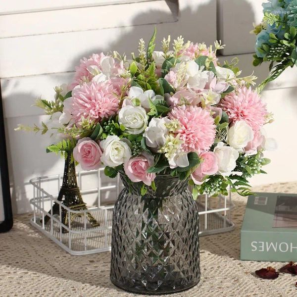 Flores decorativas Rosas de seda rosa Rosas de casamento Decoração de outono de alta qualidade Big Bouquet Luxo Fake Flower Flower Bulk
