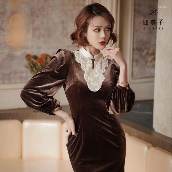 Vestidos casuais vestido de graduação de renda marrom simeizi 2024 Autumn e inverno Velvet Melhor estilo chinês Cheongsam