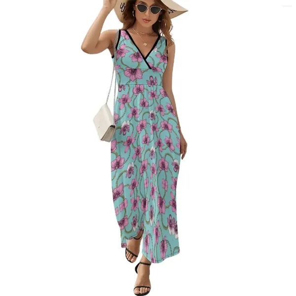 Vestidos casuais orquídeas e correntes vestem rosa azul sexy maxi v pesco