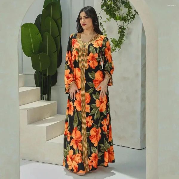 Etnik Giyim Retro Turuncu Abaya Çiçek Baskılı Elbise Müslüman Uzun Jalabiya Kadın Örgü V yaka elbisesi Dubai Arap Kaftan İslam Gevşek Çöp