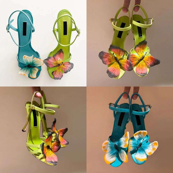 Butterfly Rare Blue Sandal Teli Designer Designer Designer Giallo Bow Tacco da Wedding Fashion Party Caviglie Scepazioni calzature Factory con scatola di qualità originale