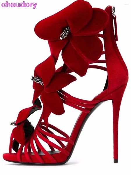 Kleiderschuhe Mädchen 'herrliche Blumendekoration Sandalen rotes Wildleder 3d florales Braut Dünne Riemchenkristallpumpen