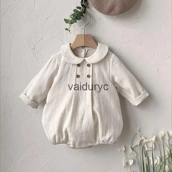 Rompers Spring Baby Clothes Peter Pan Collar Girls One Piece Linen Infant Bodysuits H240429