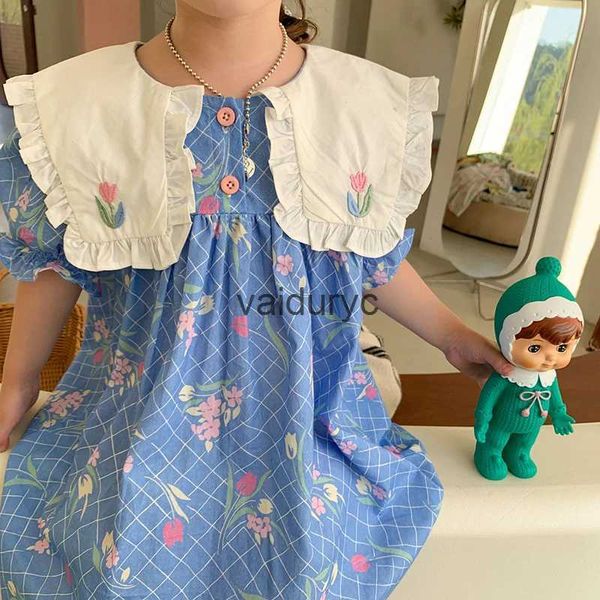 Mädchenkleider 2024 Neue Sommermädchen Kleid Tulip Blumener Lappel Puff Ärmel LDREN Kleidung Outfits H240429