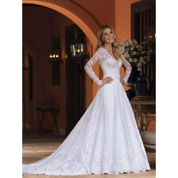 A-Line-Kleider lange Kleider Braut Hochzeit Klassische Ärmel V-Ausschnitt Kapelle Zug Elfenbein Spitzen Applikationen Frühling Herbst Country Robe de Ehe Bescheidene Brautkleid