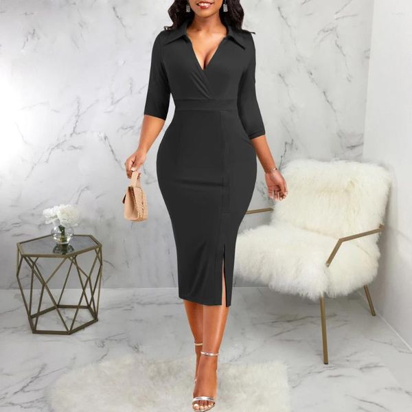 Lässige Kleider eleganter Frauen Anzug Kleid 2024 Fashion V-Neck Plissee Tailled Midi Workplace 3/4 Ärmel Vestidos Büro Dame Roben