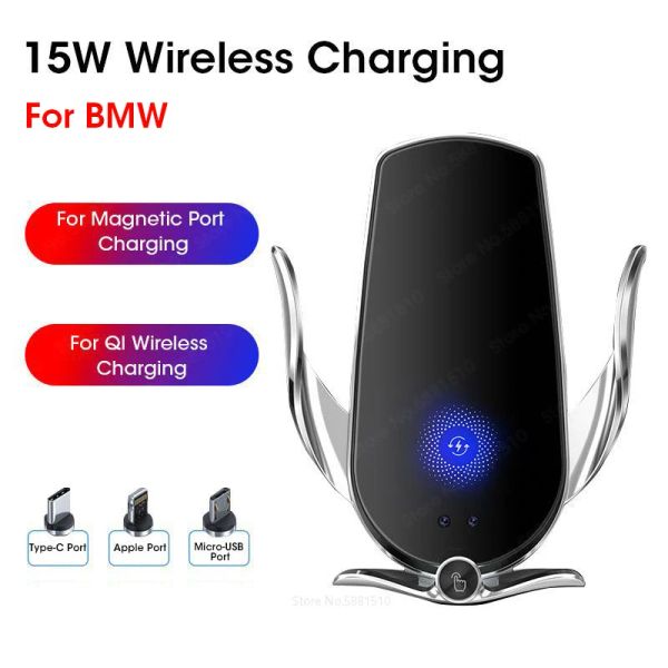 Carica Chargers Porta del telefono per auto da 15 W per BMW Caricatore wireless Montaggio Smart Sensor Smart Battery Clamping automatico per iPhone Samsung LG