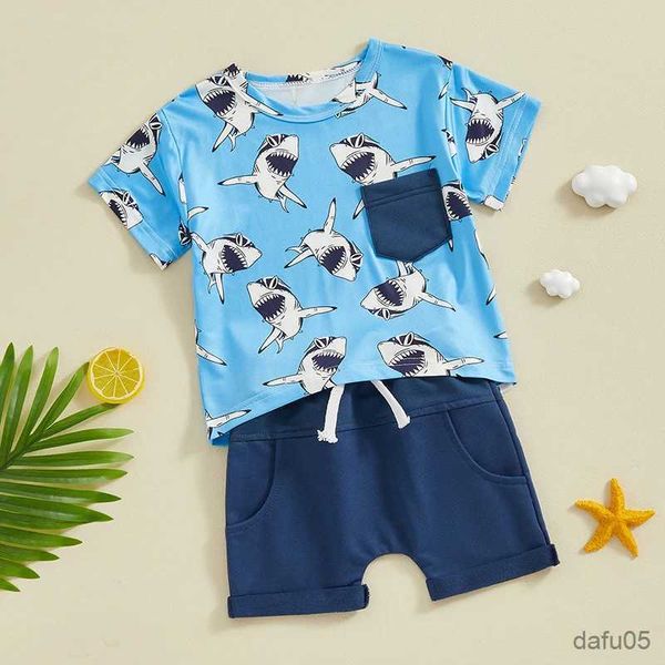 Giyim setleri bebek giyim çocuklar çocuklar plaj tarzı köpekbalığı/ağaç baskı kısa kollu tişörtler üstleri ve elastik bant şortları 2 adet kıyafetler