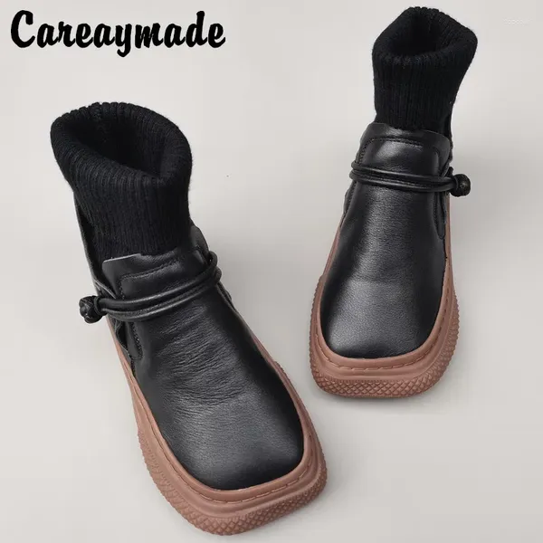 Botas CareAyyMade-Genuíno Couro Vintage Soas Femininas Pure Design minoritário Pure Sapatos Soled Handmade Original