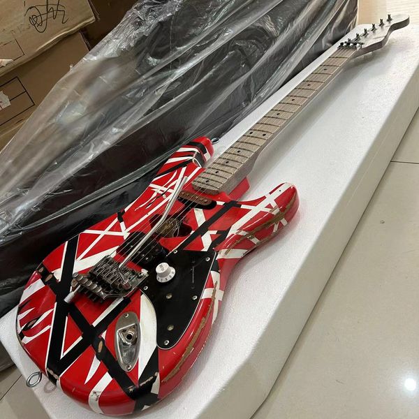 Edward Eddie Van Halen Heavy Relic Red Franken Elektro Gitar Siyah Beyaz Şeritler, St Şekli Akçaağaç Boyun, Floyd Rose Tremolo Kilitleme Somun