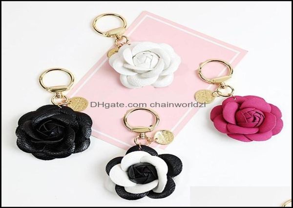 Chaves de joalheria Camellia Flor Keyrings Bag Charms PU Caminho de Correntes de Correios de Carro Acessórios de Chaves Branco Branco Rosa Vermelha Hol3805826