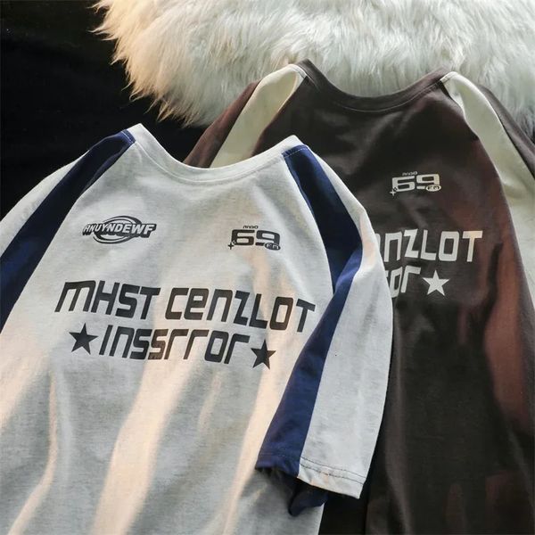 Baumwollfarbe passende gedruckte kurze ärmliche T -Shirt Männer American Retro Brand Motorrad Kleidung Japanisches Paar Lose Top 240417
