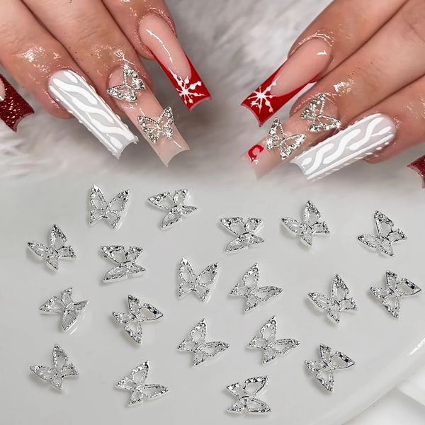 100502010pcs lightsin butterfly unha charmos de arte 3D Butterflies Silver Butterflies Jóias Retro Nails Design Supplies 240425