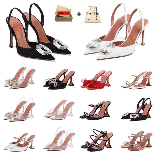 Lüks tasarımcı Amina Muaddi sandaletler elbise ayakkabı topuk berrak begum cam pvc kristal şeffaf slingback sandal pompalar naima süslemeli kırmızı katır terlik ayakkabıları