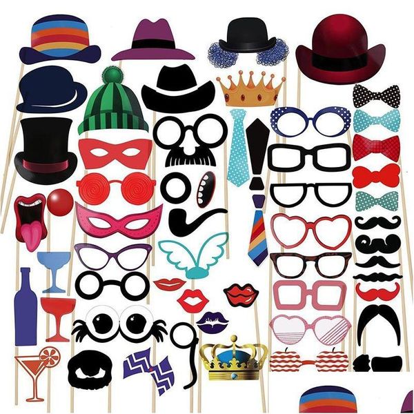 Diğer Etkinlik Partisi Malzemeleri 58pcs Po Booth Props Crown Diy Maske Gözlükleri Kağıt Sakal Bıyık Dudak Bir Çubuk Bebek Duş Doğum Günü Dh1jp