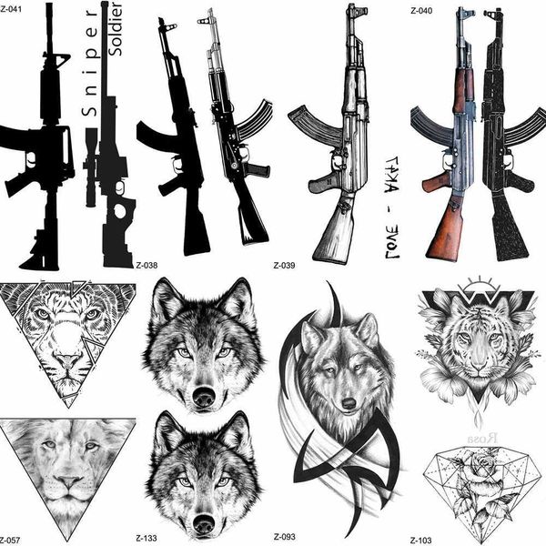 Tatuagem Transferência de tatuagem Yuran Black Rifle Gun Stickers Tattoo Tatuo Akm M4 Soldier Soldado Mulheres Men Wrist Fake Tattoo Wolf Totem 240426