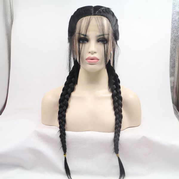 Moda Black Wig Europa e América Vendendo a quente gancho de meia mão Lace dianteira fibra química Fibra de cabelo menina perucas de cabelos ventosos de alta temperatura de seda cacheada trança dupla