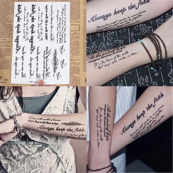 Transfer tatuaggio tatuaggio adesivi di tatuaggi in inglese Waterproof Transfer Long Longising Realistic Lettere Black temporanea Body Art per uomini Donne 240426