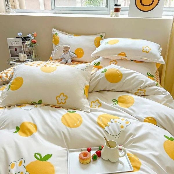 Yatak takımları moda meyve baskılı set bitki renkli tam kral düz yatak sayfası nevresim yastık kılıfı yatak odası keten