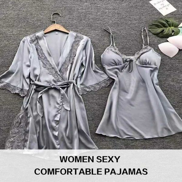 Женская одежда для сна 2 года женщина сексуальная пижама Slpwear Кружевая одеяние и брюки для белья для халата шелк шелк атласный домашний домашний