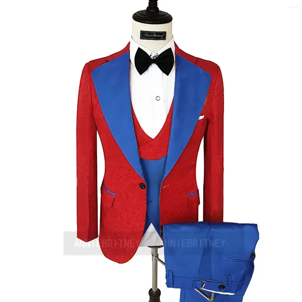 Herrenanzüge Jacquard Red Jacke Blue Hose formelle Hochzeitsbräutigam Smoking -Prom Blazer Hombre Hochqualitäts Custom 3 -Tiefe -Set -Kostüm Homme