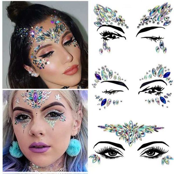 Tatuaggio trasferimento 3d ciondolo 3d face diamond face gioielli acrilici art make up festa temporaneo glitter falsio taatoos eye halloween nuovo anno adesivi 240427