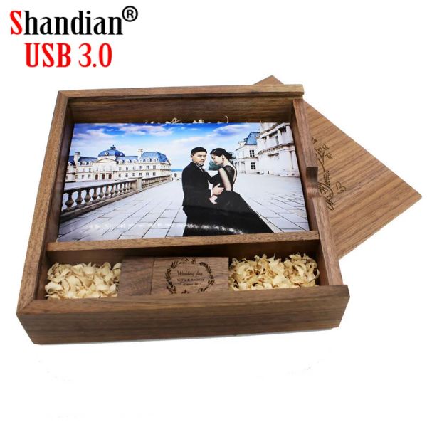 Drives Shandian Wood Album Style High Speed USB 3.0 4GB 8GB 16 ГБ модный подарок 32 ГБ 64 ГБ USB+коробка Свадебная фотография бесплатно пользователь