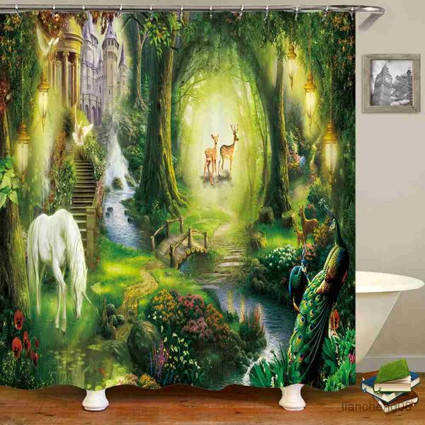 Cortinas de chuveiro 3D Fantasy Floresta Paisagem Cortina de chuveiro Impresso