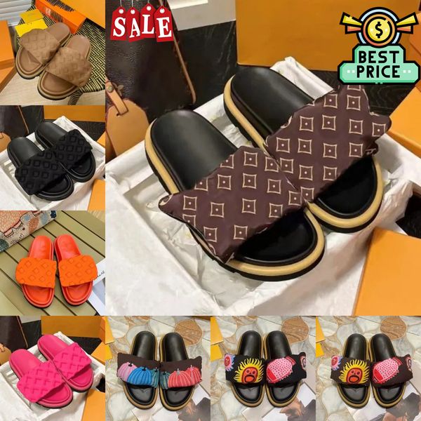 2024 Neue Designer Slider Pantoffeln Frauen Männer Pool Kissen Slides Mode klassische Drucke flache Komfort Maultiere Sommersandalen Schwarze Strand braune Sandalen Größe 36-45