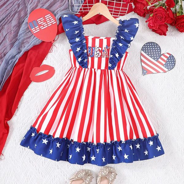 Девушка платья Amreican Day Day Clothing Children Ruffles Red Red Stripe Четвертый июль платье для девочек детская одежда 1-5Y