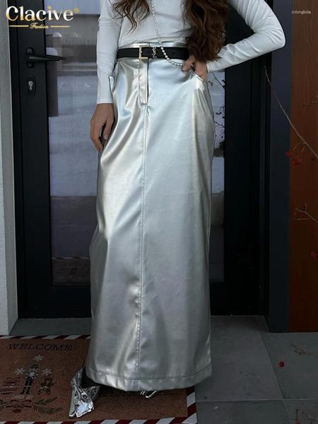 Signe Clacive Bodycon Silver PU in pelle femminile Gonna da donna 2024 Fashion High Waist Long Elegant Classic Solid femmina Abbigliamento femminile