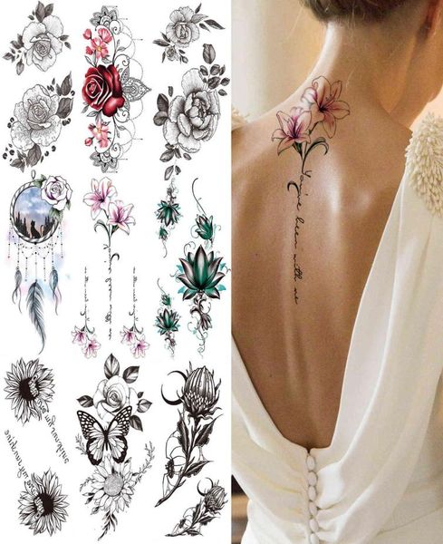 Lily Chains Blume vorübergehende Tattoos für Frauen Mädchen schwarzer Schmetterling Traumfänger Tattoo Aufkleber falsch Rose Sexy Tatoos Back Körper Y7241933
