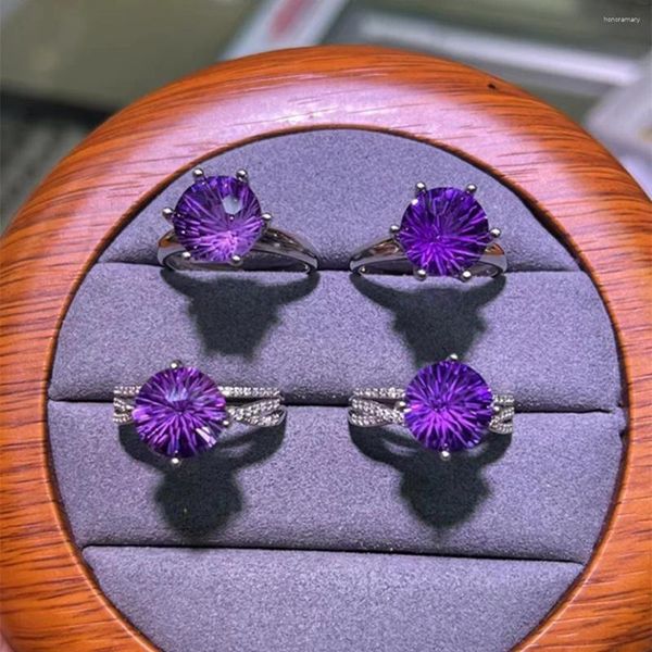 Clusterringe 1pc Fengbaowu Natural Amethyst Ring 925 Sterling Silber Runde Facetten Reiki Heilungsstein Mode Kristallschmuck Geschenk für