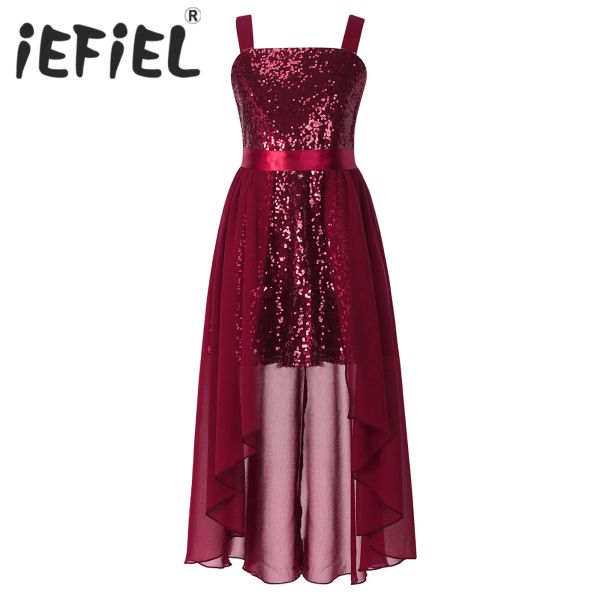 Vestidos crianças meninas meninas brilhantes lantejoulas de festas de festas sem mangas Vestido de chiffon collante com faixa cetim para desempenho do baile de casamento Performance