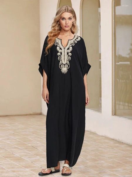 Abiti da festa lorylei nero ricamato a v manicotto da batwing maniche calafan per donne 2024 Summer classical LOUNGING MAXI Q1631