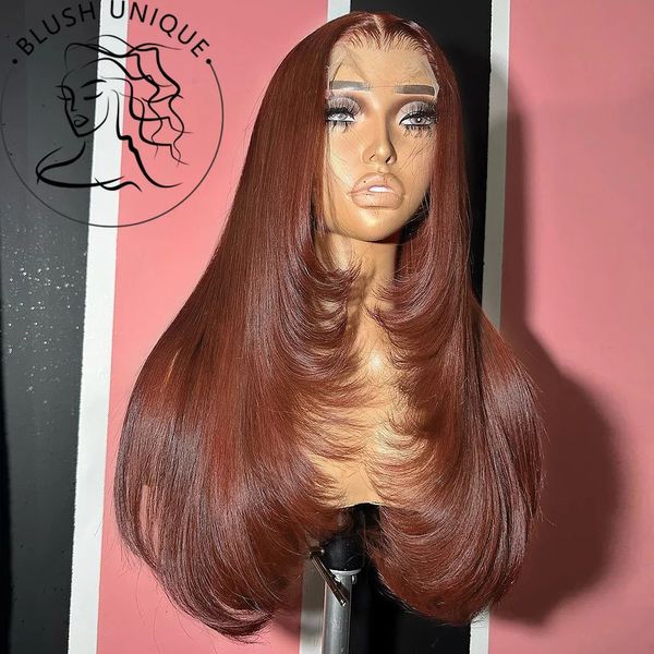 Peruca de peruca de cobre em camadas marrons avermelhado Red Wigs Front Wigs para mulheres sintéticas 13x4 sem glúteis T Parte resistente ao calor 240419