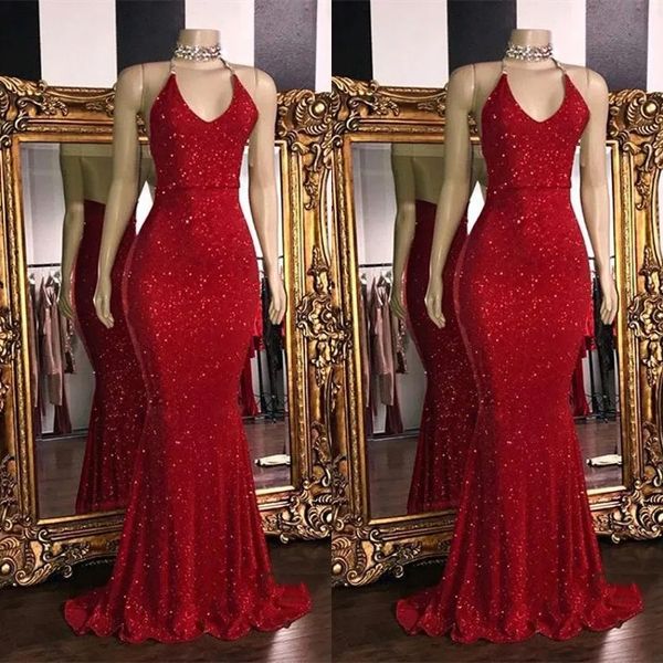 Sparkly Red Sequinssexy v Neck Black Back Promes 2024 Halter Mermaid Long Prom Platens Low Back Arabic Party Depidos de Mariee