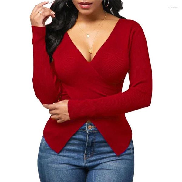 Frauenblusen modische farbige Fädenstoffe Bluse Ladies Herbst Crossover Deep V Hals Pullover Strickhemd Langarm Tops