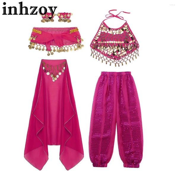 Kleidungsstücke Kinder Mädchen Indien Bauch Tanzkostümanzug glänzender Halfter Top Hosen Kopfbedecke Set Halloween Cosplay Party Outfit
