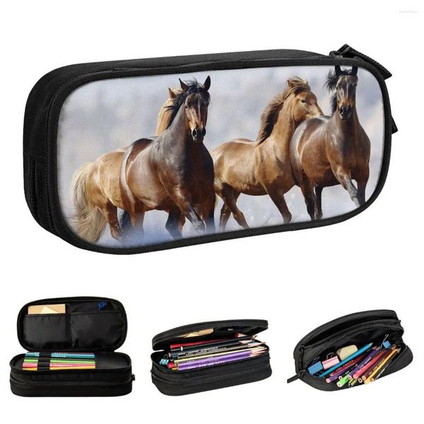 Caso de lápis de corrida de cavalo selvagem galopando os amantes de animais Pouca Pen Pen Portador de caneta Big Capacity Bag Supplies Gifts Stationery