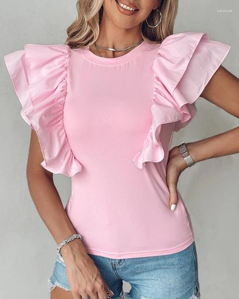 Camisas femininas Top Top 2024 Primavera/verão mais recente casual Ruffle bainha de decoração redonda cola curta de manga curta versátil camiseta versátil