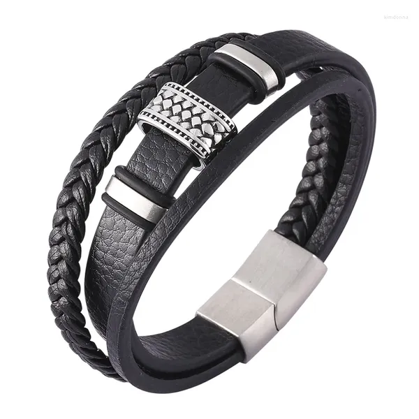 Pulseiras de charme masculino moderno jóias preto multicamada 1 pulseira de couro punk ímã de aço inoxidável Buckle Bangle de pulseira machos PS0445